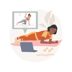 Workout isolated cartoon vector illustration. Young healthy teen girl in sportswear doing plank, watching online fitness workout video tutorial on laptop, virtual coach vector cartoon.