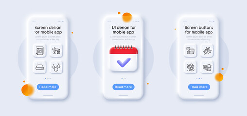 Obraz premium Mini pc, Waterproof and Fake news line icons pack. 3d phone mockups with calendar. Glass smartphone screen. Account, Payment, Qr code web icon. Chef, Consumption growth pictogram. Vector