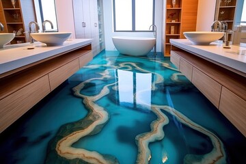 Modern bathroom with spectacular epoxy resin floor which you will definitely not find in every house. Generative AI Technology  - obrazy, fototapety, plakaty