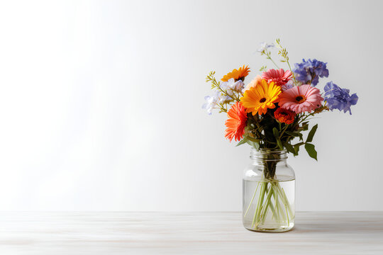 flowers in vase, bouquet of colorful flowers in a clear vase