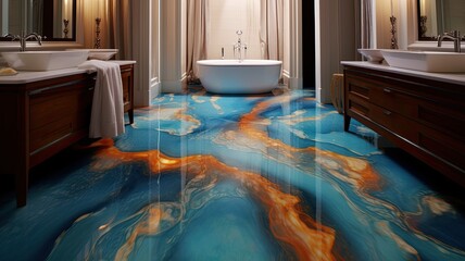 Modern bathroom with spectacular epoxy resin floor which you will definitely not find in every house. Generative AI Technology 