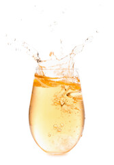 Naklejka na ściany i meble Glass of tasty apple cider with splashes and ice cube isolated on white background
