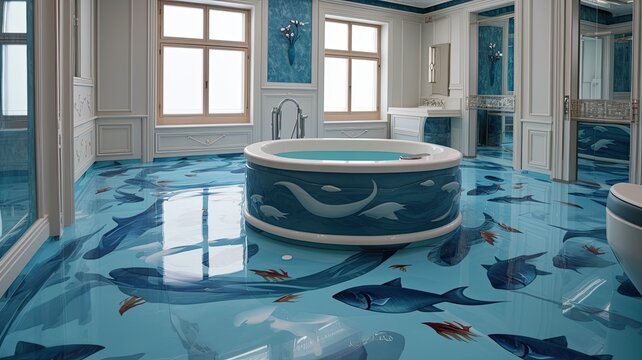 Modern bathroom with spectacular epoxy resin floor which you will definitely not find in every house. Generative AI Technology 
