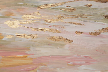 Art oil and acrylic smear blot canvas painting with gold line elements. Abstract pastel color stain brushstroke texture background.