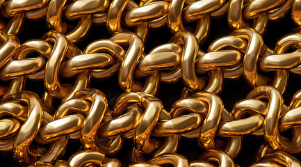 Massive golden braided chain on a dark background. Golden heavy metal chain texture.	