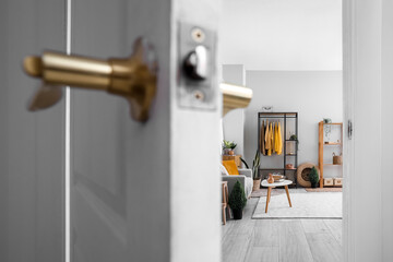 View of living room with shelving unit and clothes through open door