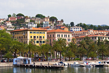 Beautiful view of Spezia town, colorful houses traditional Italian architecture, Liguria, Italy