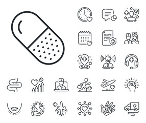 Medical drugs sign. Online doctor, patient and medicine outline icons. Capsule pill line icon. Pharmacy medication symbol. Capsule pill line sign. Veins, nerves and cosmetic procedure icon. Vector