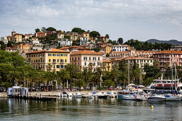 Naklejka na ściany i meble Beautiful view of Spezia town, colorful houses traditional Italian architecture, Liguria, Italy