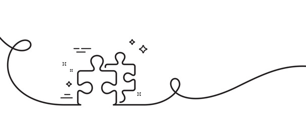 Puzzle pieces line icon. Continuous one line with curl. Jigsaw game challenge sign. Business solution symbol. Puzzle single outline ribbon. Loop curve pattern. Vector