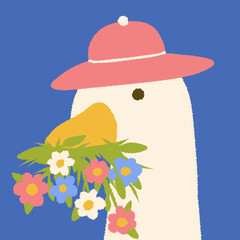 goose in a hat with flowers in its beak in summer
