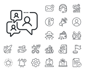 Comments sign. Salaryman, gender equality and alert bell outline icons. Support chat line icon. Speech bubble message symbol. Support chat line sign. Spy or profile placeholder icon. Vector