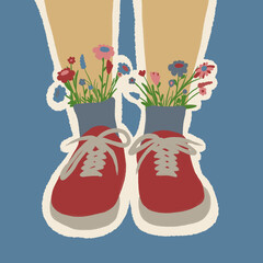 feet in sneakers with flowers summer illustration