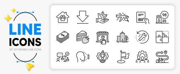 Cake, Recovery tool and Petrol station line icons set for app include Milestone, Bike path, Team work outline thin icon. Downloading, Clown, Skyscraper buildings pictogram icon. Vector