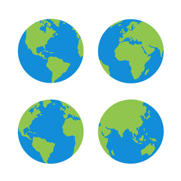 Four flat style vector earth globe spheres with continents