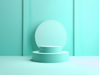 Abstract minimal concept. Pastel aqua turquoise round podium on background. Mock up template for product presentation. 3D rendering. copy text space	
