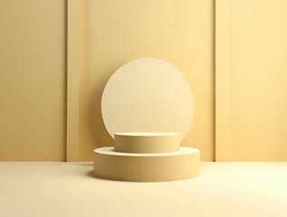 Fototapeta premium Abstract minimal concept. Pastel Yellow round podium on background. Mock up template for product presentation. 3D rendering. copy text space 
