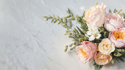 Bouquet of flowers background with copy space, website banner, header, floral wallpaper with copy space. Generative AI.