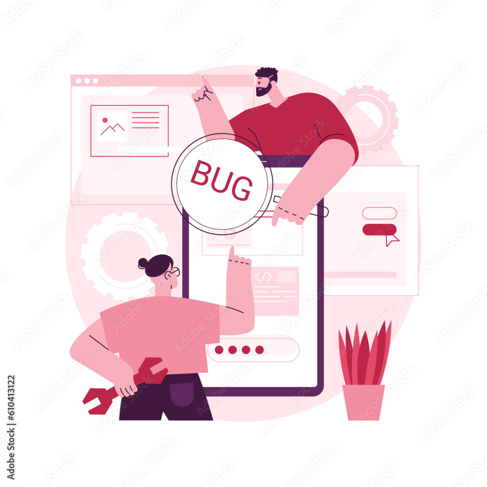 Poster software testing abstract concept vector illustration. it software application testing, quality assu