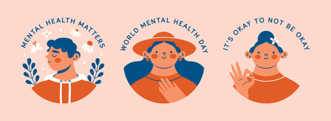 World Mental Health Day. Round avatars, icons, logo templates.  Portraits of young women and man. Trendy modern clip arts. Cartoon, minimal, abstract contemporary style. Cute funny characters. 