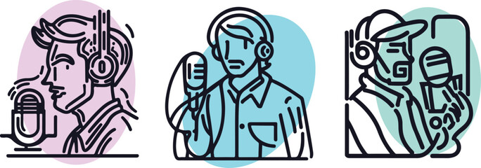 Man on podcast mic illustration on a white background
