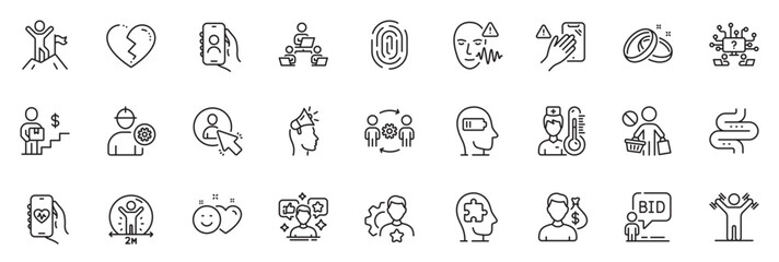 Icons pack as Salary, Social media and Thermometer line icons for app include Engineering team, Health app, Mental conundrum outline thin icon web set. Auction, Leadership, Intestine pictogram. Vector