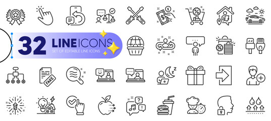 Outline set of Smile, Lawyer and Checkbox line icons for web with Gift box, Computer cables, Payment method thin icon. Phone message, Shift, Chef pictogram icon. Work home, Add person. Vector