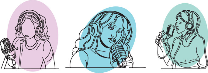 Women speaking on podcast mic line art vector