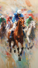 Fototapeta na wymiar Modern mid century, Neo-expressionism of the horse race, Kentucky Derby, Bet, sport, print, painting concept. Generative AI