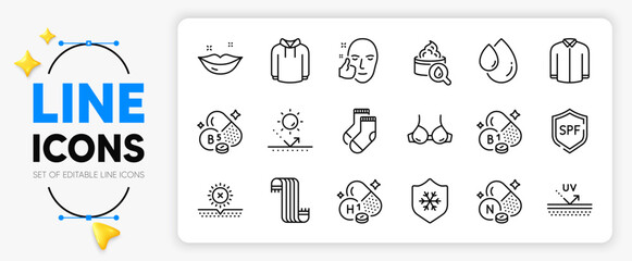 No sun, Healthy face and Socks line icons set for app include Bra, Spf protection, Hoody outline thin icon. Uv protection, Clean skin, Oil drop pictogram icon. Vitamin h1, Shirt. Vector