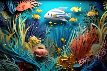 Obraz na płótnie Canvas Magical underwater world papercut illustration - Generative AI.
