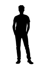 Young man silhouette with his hands in his pockets wearing casual clothes isolated on white background