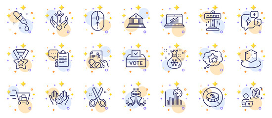 Outline set of Ship, Stress and Volunteer line icons for web app. Include No cash, Chemistry pipette, Shopping cart pictogram icons. Swipe up, Santa sack, Online statistics signs. Vector