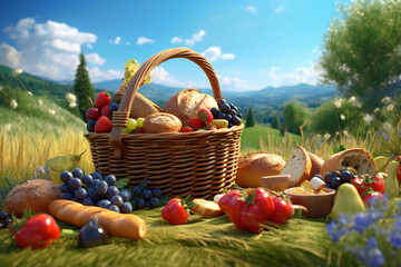 Food, Outdoor Dining, Picnic, Healthy Organic Basket with Fresh Vegetables, Isolated Tomato, Apple, Bread, Pepper Meal, White and Green Autumn Vegetarian Diet, Red Pie Ingredient, Wine, Generative AI