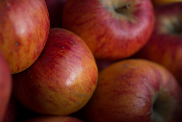 Red fresh bio apples in old wooden crate in summer farm on village.