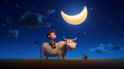 Obraz na płótnie Canvas 3d cute bull and a muslim boy gazing at the crescent, eid ul azha celebration festival