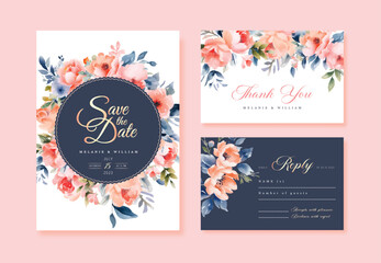 Wedding vector floral invitation, invite invitation thank you, rsvp card watercolor design set: garden flower pink blue lilac peach flowers