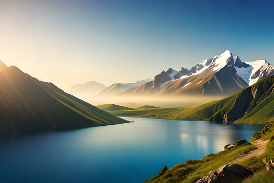 A landscape photo of a serene mountain range with a clear blue sky and a few white clouds