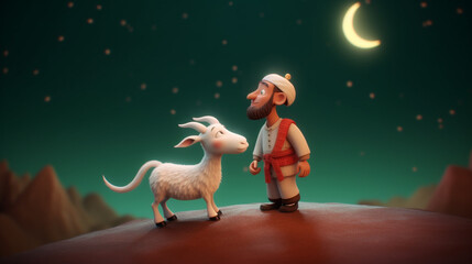 Obraz na płótnie Canvas goat with a young muslim guy eid ul azha background design created with generative ai