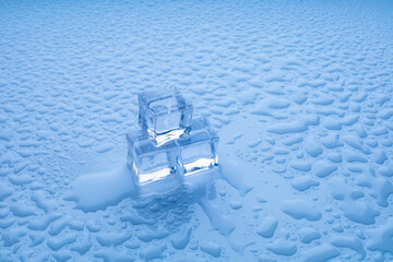 transparent Ice Cubes on a white table with reflection and water drops