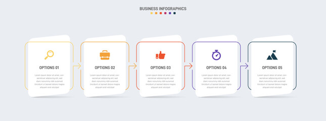 Timeline infographic with infochart. Modern presentation template with 5 spets for business process. Website template on white background for concept modern design. Horizontal layout.