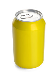 Yellow can of fresh soda on white background