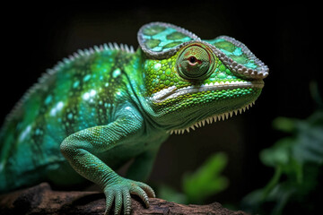 Obraz premium Green Chameleon on dark background. Generative AI illustration