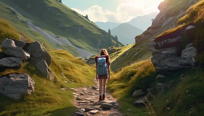 Fototapeta premium A girl walking along a mountain path with a backpack. Tourist leads active lifestyle walk on spare time. Hiking trek rest travel trip concept