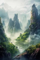 Fotobehang Donkergrijs vertical illustration of a foggy landscape with overgrown mountains, generative ai