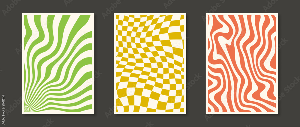 Poster trippy wavy lines and checkerboard backgrounds set. psychedelic wavy stripes and distorted curly tex