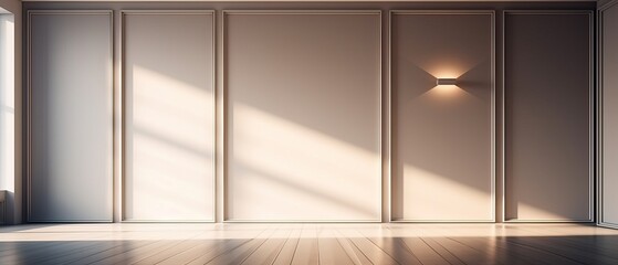 A light gray and beige wall with decorative panels and a smooth floor with interesting highlights and shadows. Universal background for presentation