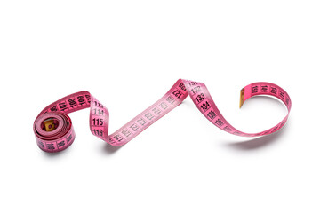 Pink tape measure on white background