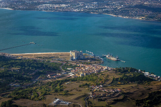 View from plane window on Tagus River near Lisbon city, Portugal