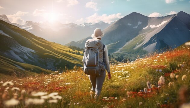 A girl walking along a mountain path with a backpack. Tourist leads active lifestyle walk on spare time. Hiking trek rest travel trip concept